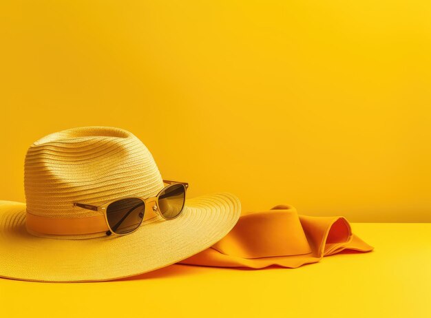 Photo a yellow hat with sunglasses and a yellow hat sits on a yellow background.