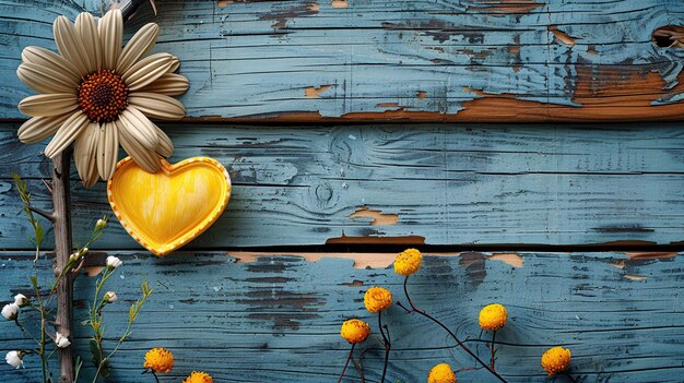 Yellow Heart and Daisy on Rustic Blue Wooden Background