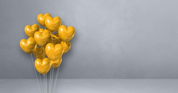 Yellow heart shape balloons bunch on a grey wall background. Horizontal banner. 3D illustration render