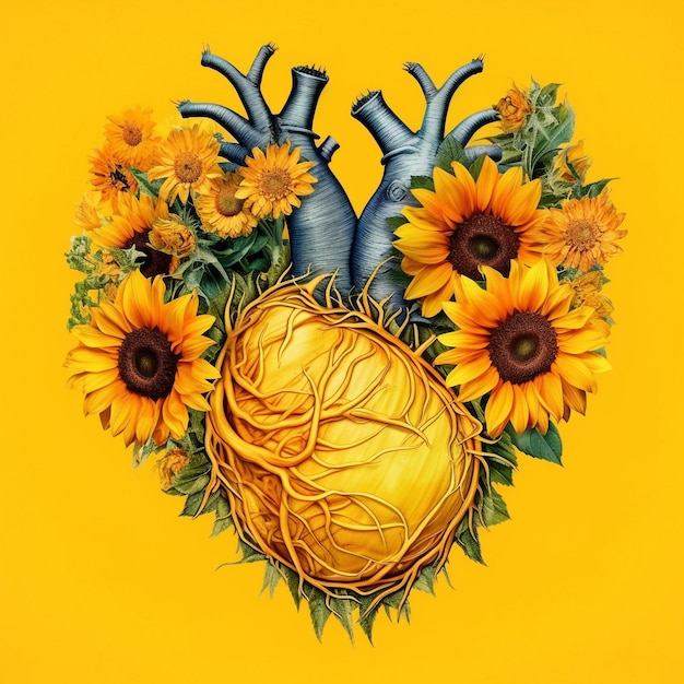 A yellow heart with sunflowers on it