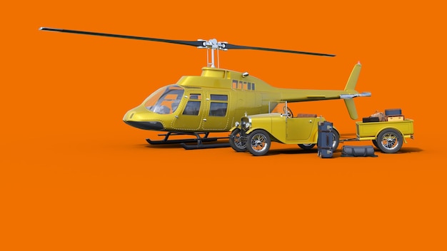 A yellow helicopter with the word tj on the side.