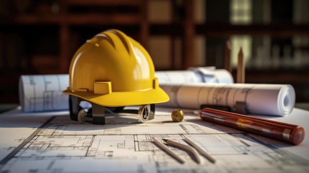 Yellow helmet of the architect in blurred background