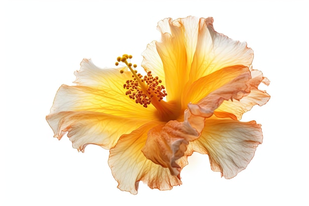 A yellow hibiscus flower with a white background