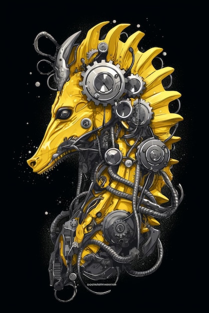 A yellow horse with a head made of gears and a head that says'robot'on it