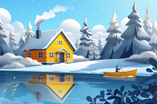 a yellow house and a boat in the snow