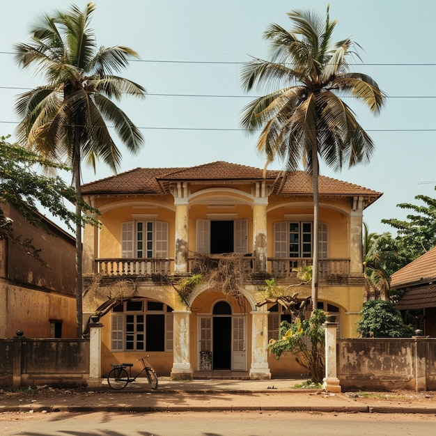 Yellow House and Palm Trees in Cotonou Benin French Colonial Architecture