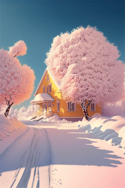 Yellow house sitting in the middle of a snow covered field generative ai