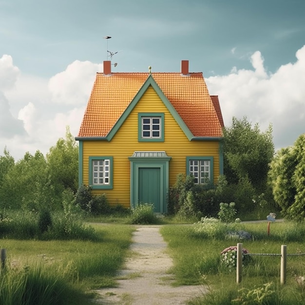 A yellow house with a green roof and a blue roof with the words'house'on it