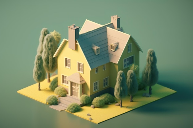 A yellow house with a green roof and trees on the left in style low poly