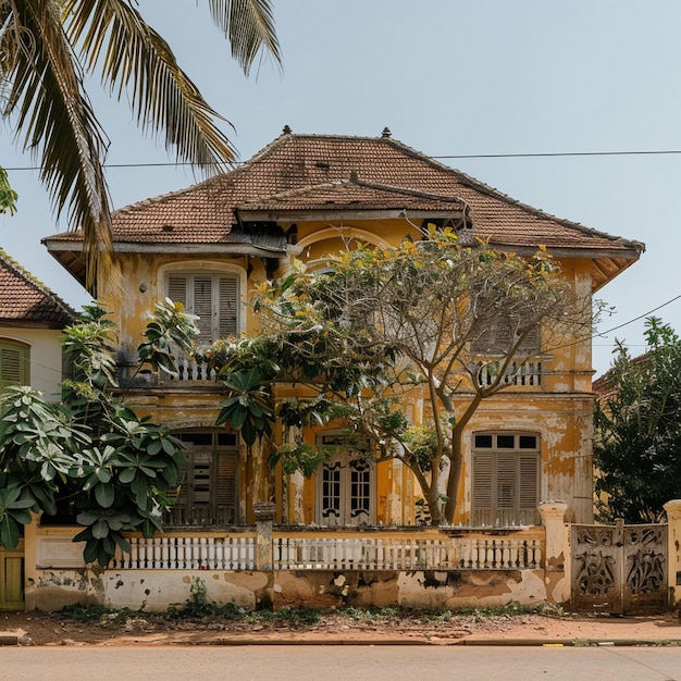 Yellow House with Palm Tree in Cotonou Benin Colonial Architecture