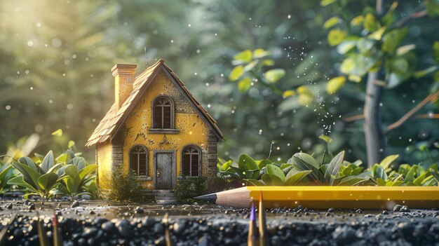 a yellow house with a pencil in front of a yellow house