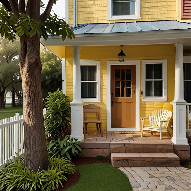 Photo a yellow house with a porch on the front and a porch with a porch that has a porch that has a porch