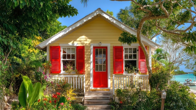 Photo a yellow house with red shutters and a red door