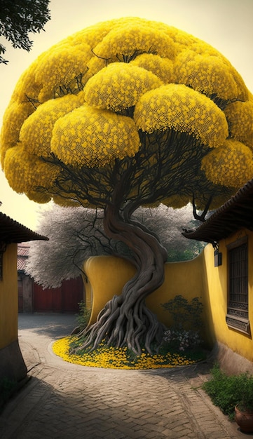 A yellow house with a tree growing out of it