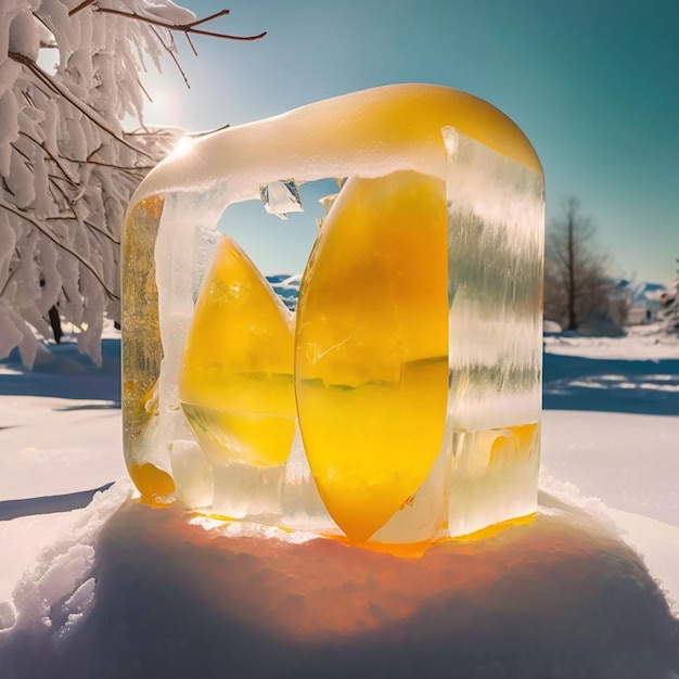 A yellow ice cube sits in the snow with the sun shining on it.