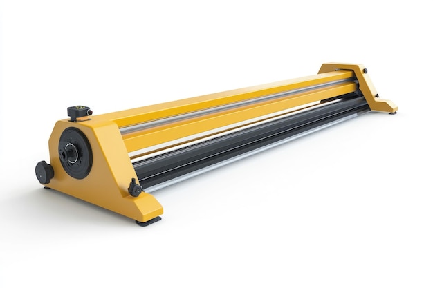 Photo yellow industrial laminating machine with black roller and rubber feet on white background