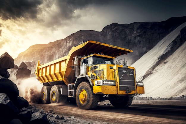 Yellow industry dump truck loading minerals coer silver gold and other at coal mining quarry