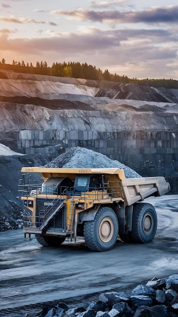 Yellow industry dump truck loading minerals coer silver gold and other at coal mining quarry