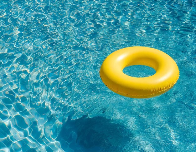 Yellow inflatable ring floating in blue swimming pool water