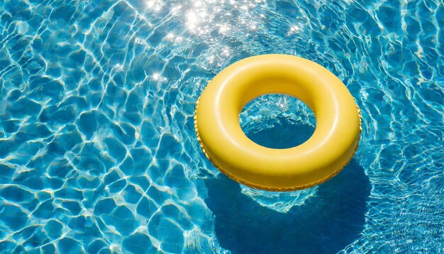 Yellow inflatable ring floating in blue swimming pool water