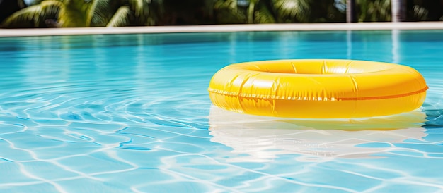 yellow inflatable ring floating in a swimming pool representing a vacation concept There is copy