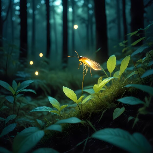 Photo a yellow insect in the forest with a light in the background