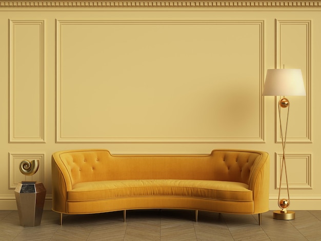 Yellow interior conceptClassic furniture in classic interior with copy spaceWalls with ornated mouldingsFloor parquetDigital Illustration3d rendering