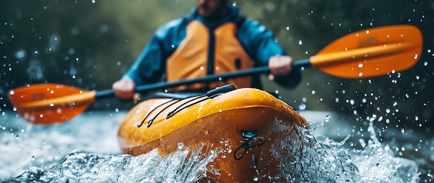 yellow kayak on the river in mountain AI generated