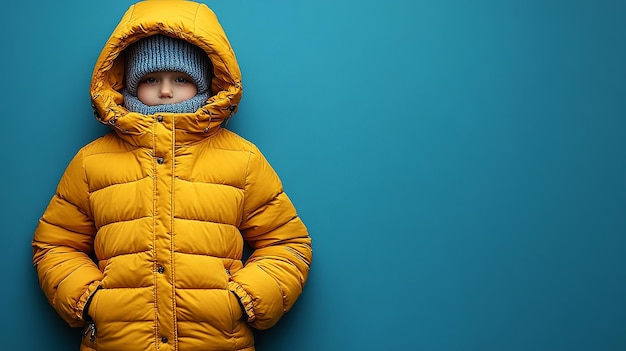 Photo yellow kids winter jacket mockup on blue background