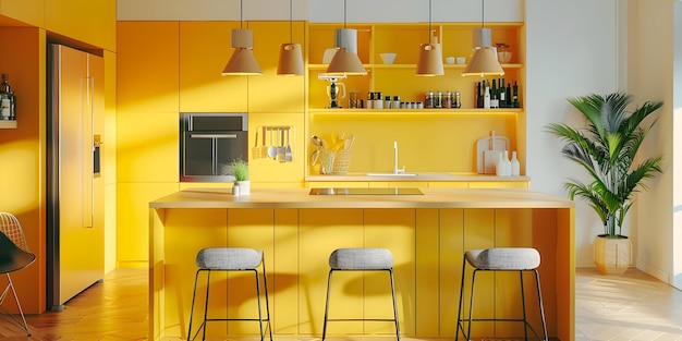 Yellow Kitchen Interior Design with Island and Bar Stools 3D Illustration