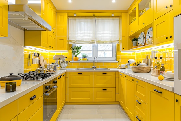 Yellow Kitchen Interior with Modern Cabinets and Sunflower Decor Captivates with its Comfort