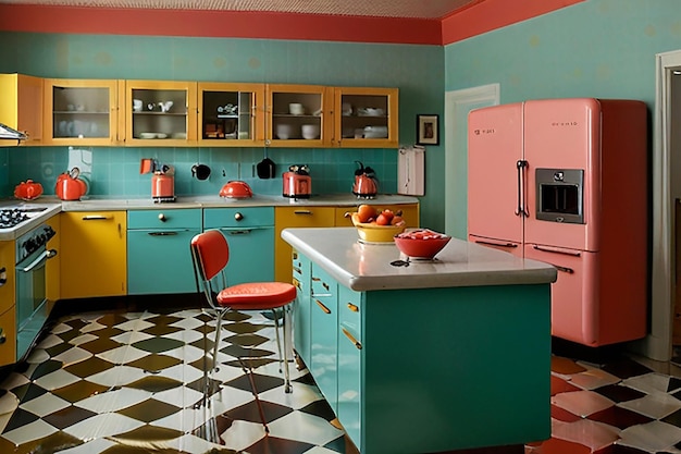 a yellow kitchen with a yellow refrigerator and a stove with a sign that says  panasonic