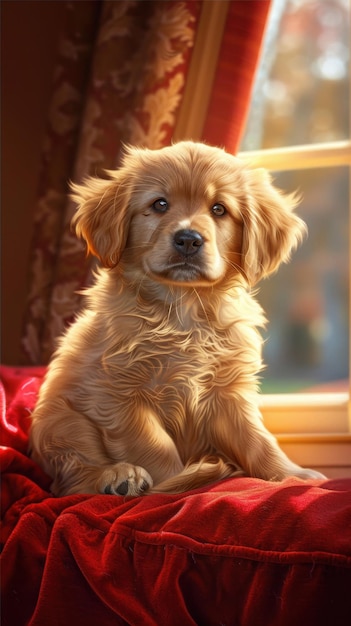 A yellow Labrador sits on the sofa