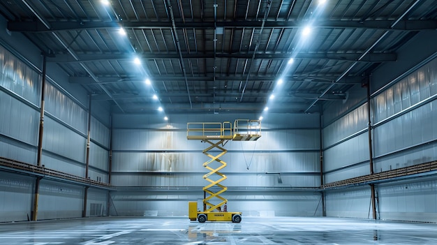 a yellow ladder is in a large room with a ladder on the side