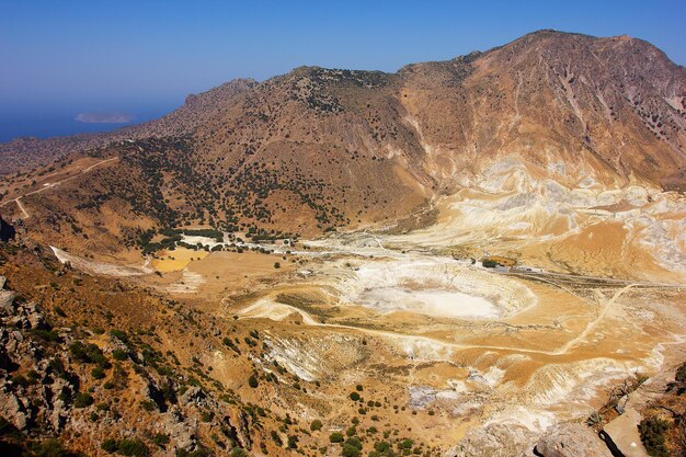 Yellow landscape of Nisyros volcano. View of the caldera, a crater with sulfur crystals