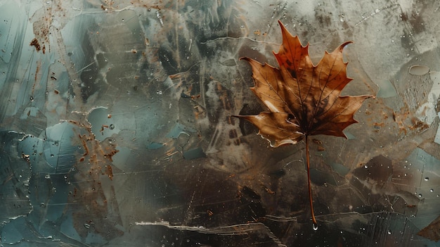 a yellow leaf sits on a wet surface with rain drops on it