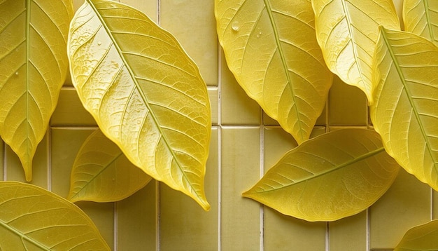 a yellow leaf that is on a tile