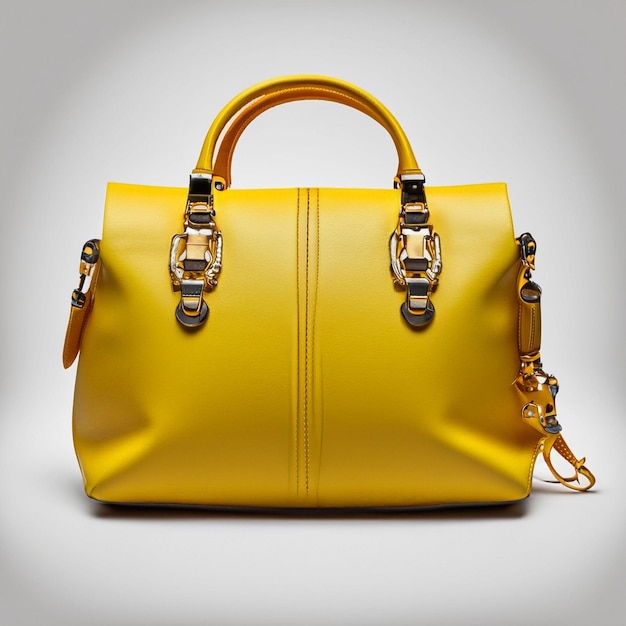 a yellow leather bag with a black handle and a silver clasp.