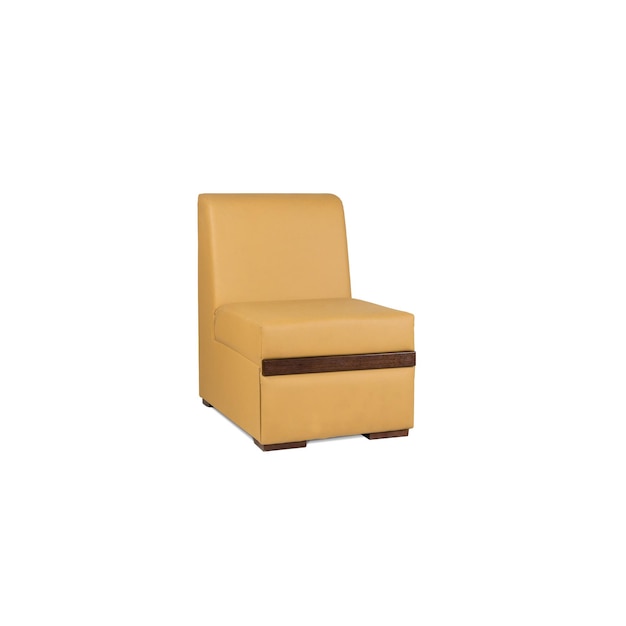 A yellow leather chair with brown leather trim sits in front of a white background.