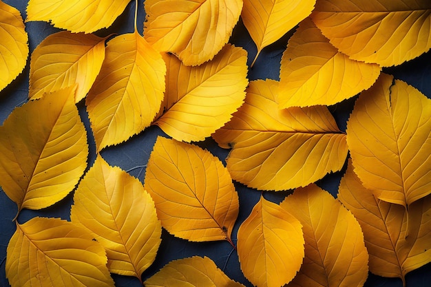 Yellow leaves background top view flat lay high resolution real texture of yellow leafs