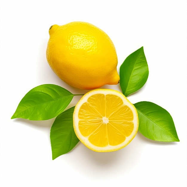 A yellow lemon and a half of a lemon with green leaves.