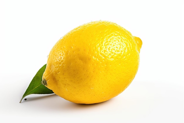 A yellow lemon with a green leaf on it