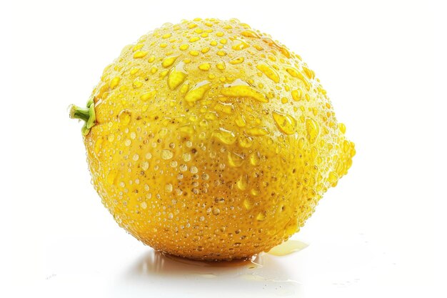 Yellow lemon with water drops on white background