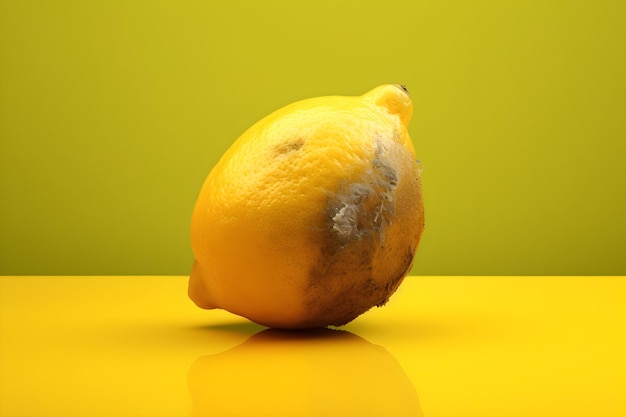 A yellow lemon on a yellow table with a green background.