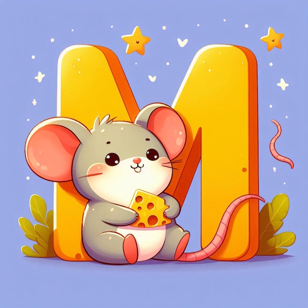 A yellow letter m with a mouse sitting on the floor eating yellow cheese