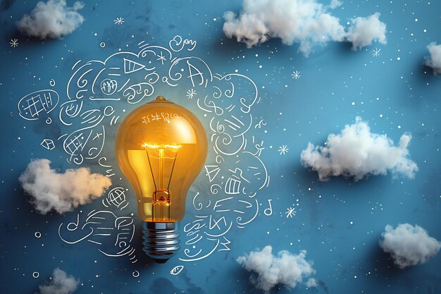 Yellow light bulb flying on blue background with white doodle drawing illustration of ideas and inno