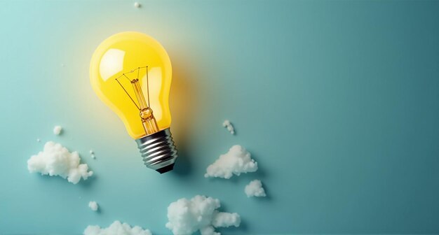 a yellow light bulb is on a blue background with clouds