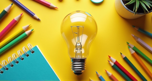 a yellow light bulb is on a yellow background with a blue and green background