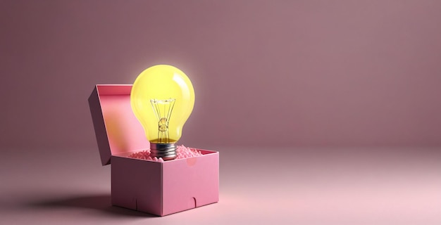 a yellow light bulb in a pink box with a pink background