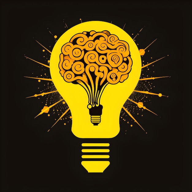 A yellow light bulb with a brain in the middle